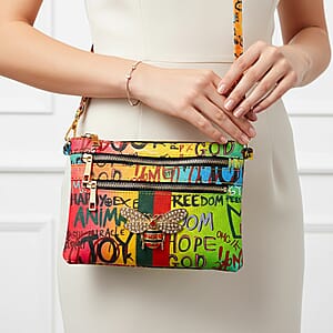 Closeout Chunma Multi Color Graffiti Bee Faux Leather Clutch Crossbody Bag 