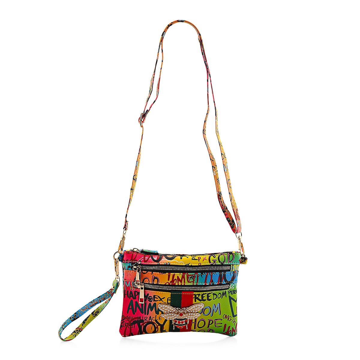 Closeout Chunma Multi Color Graffiti Bee Faux Leather Clutch Crossbody Bag  image number 4