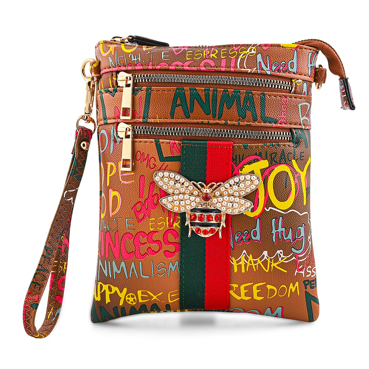 Closeout Chunma Tan and Multi Color Graffiti Bee Faux Leather Clutch Crossbody Bag image number 0
