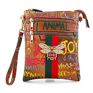 Closeout Chunma Tan and Multi Color Graffiti Bee Faux Leather Clutch Crossbody Bag