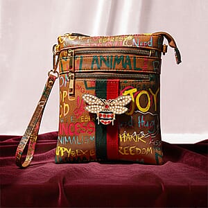 Closeout Chunma Tan and Multi Color Graffiti Bee Faux Leather Clutch Crossbody Bag