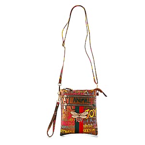 Closeout Chunma Tan and Multi Color Graffiti Bee Faux Leather Clutch Crossbody Bag