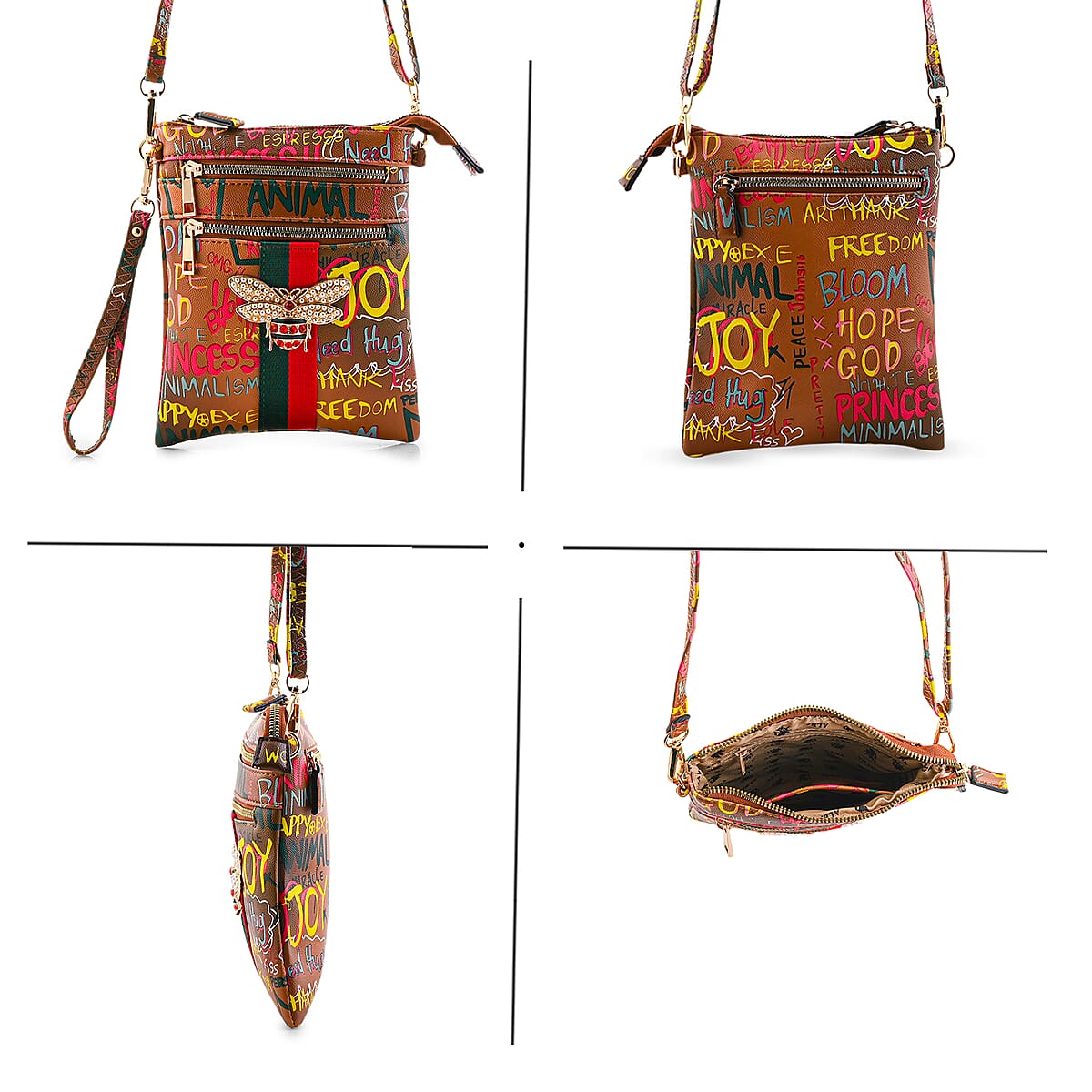 Closeout Chunma Tan and Multi Color Graffiti Bee Faux Leather Clutch Crossbody Bag image number 4