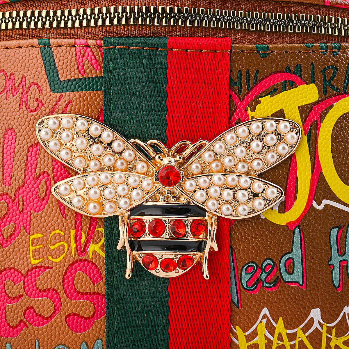 Closeout Chunma Tan and Multi Color Graffiti Bee Faux Leather Clutch Crossbody Bag image number 5