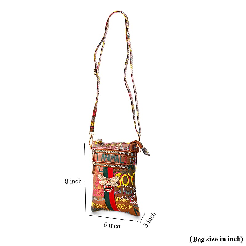 Closeout Chunma Tan and Multi Color Graffiti Bee Faux Leather Clutch Crossbody Bag