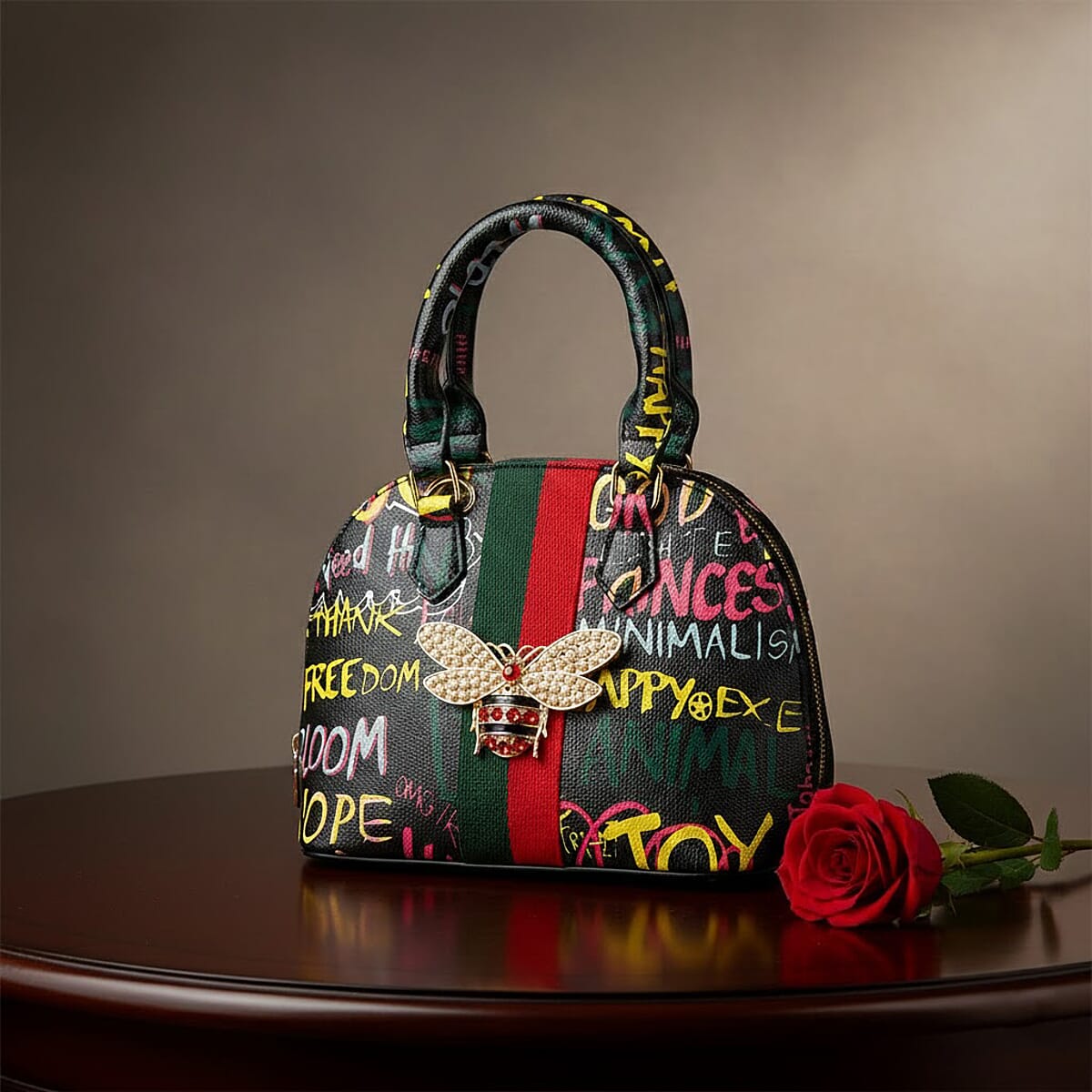 Closeout Chunma Black and Multi Color Graffiti Bee Faux Leather Satchel Bag  image number 1