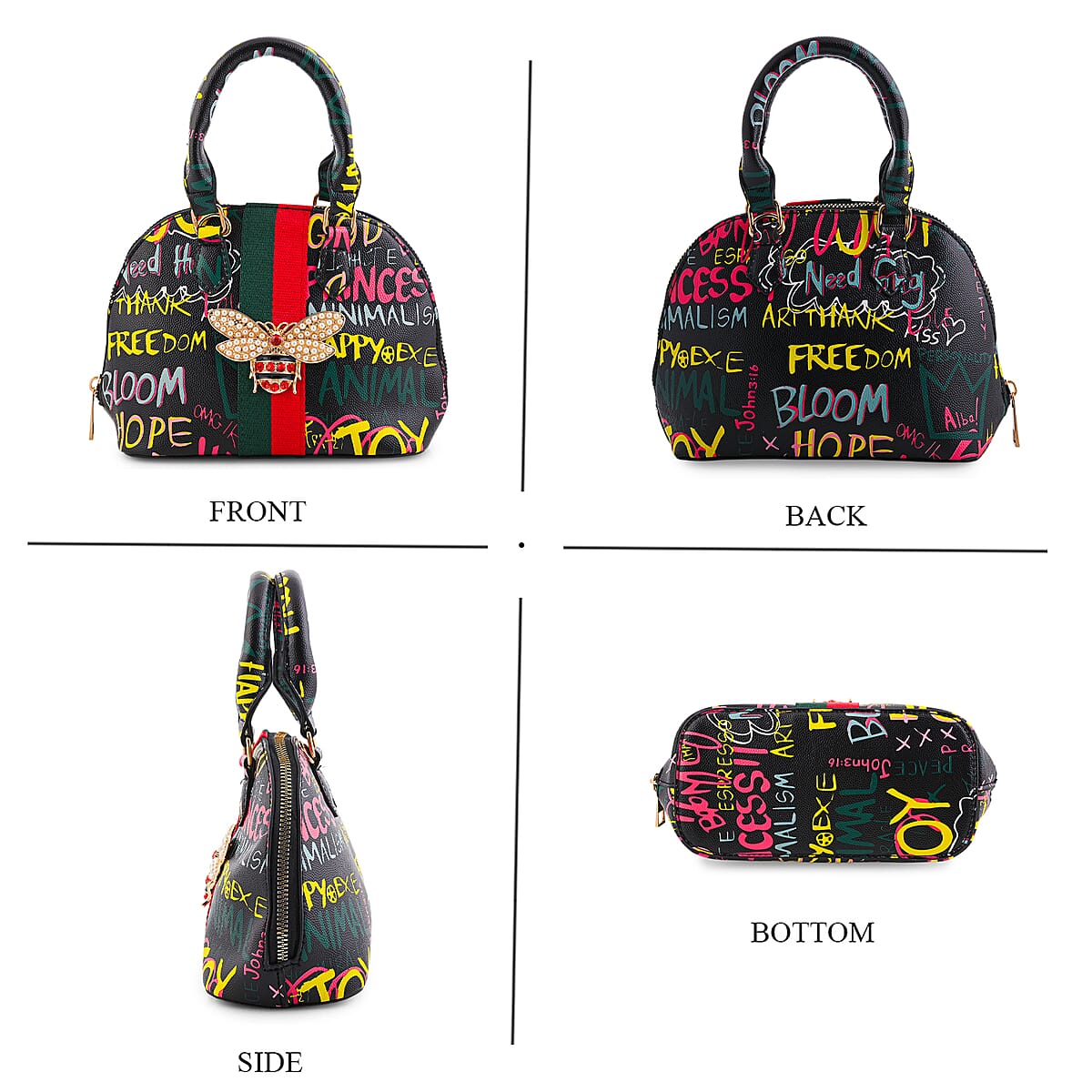 Closeout Chunma Black and Multi Color Graffiti Bee Faux Leather Satchel Bag  image number 4