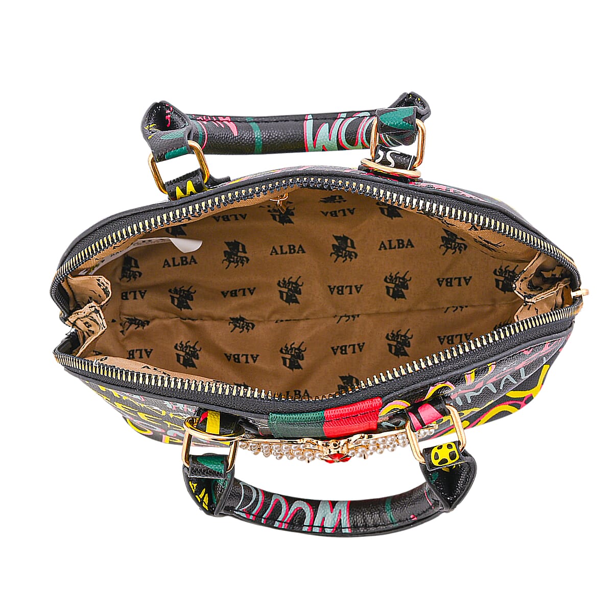 Closeout Chunma Black and Multi Color Graffiti Bee Faux Leather Satchel Bag  image number 5