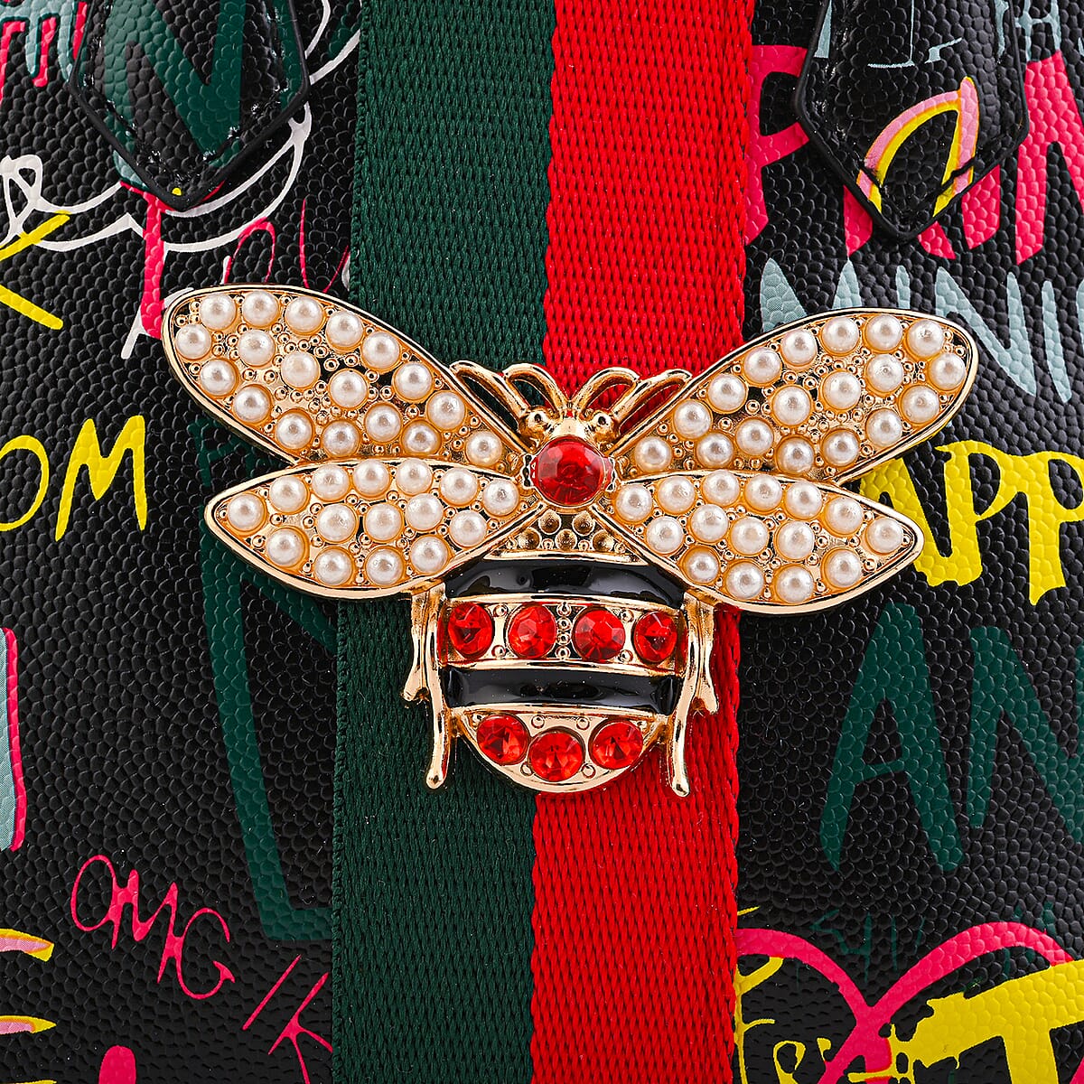 Closeout Chunma Black and Multi Color Graffiti Bee Faux Leather Satchel Bag  image number 6