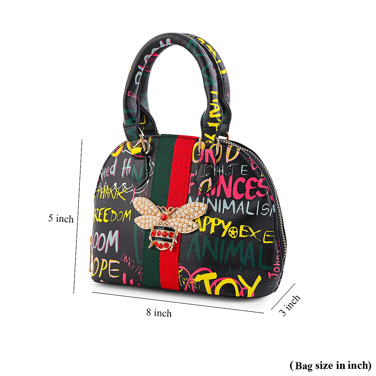 Closeout Chunma Black and Multi Color Graffiti Bee Faux Leather Satchel Bag  image number 7