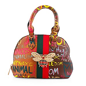 Closeout Chunma Tan and Multi Color Graffiti Bee Faux Leather Satchel Bag