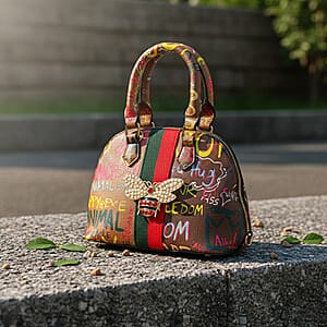 Closeout Chunma Tan and Multi Color Graffiti Bee Faux Leather Satchel Bag