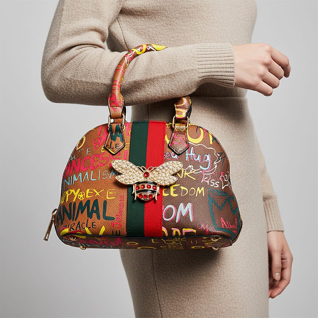 Closeout Chunma Tan and Multi Color Graffiti Bee Faux Leather Satchel Bag