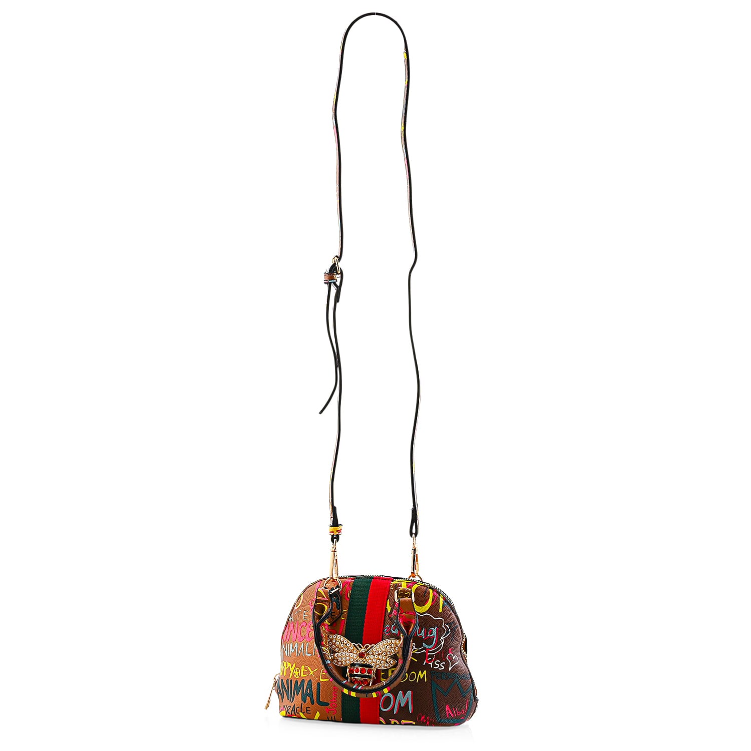 Closeout Chunma Tan and Multi Color Graffiti Bee Faux Leather Satchel Bag