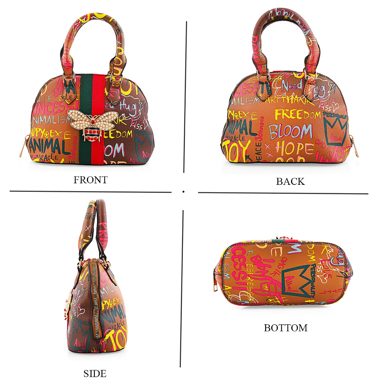 Closeout Chunma Tan and Multi Color Graffiti Bee Faux Leather Satchel Bag