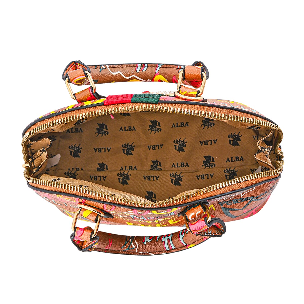 Closeout Chunma Tan and Multi Color Graffiti Bee Faux Leather Satchel Bag image number 6