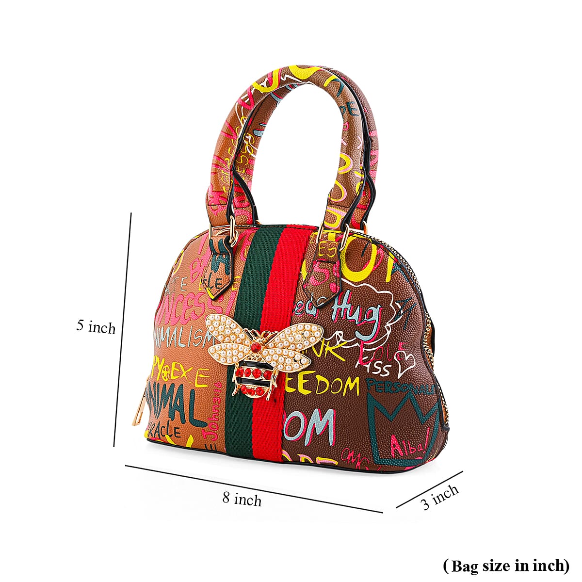 Closeout Chunma Tan and Multi Color Graffiti Bee Faux Leather Satchel Bag image number 8