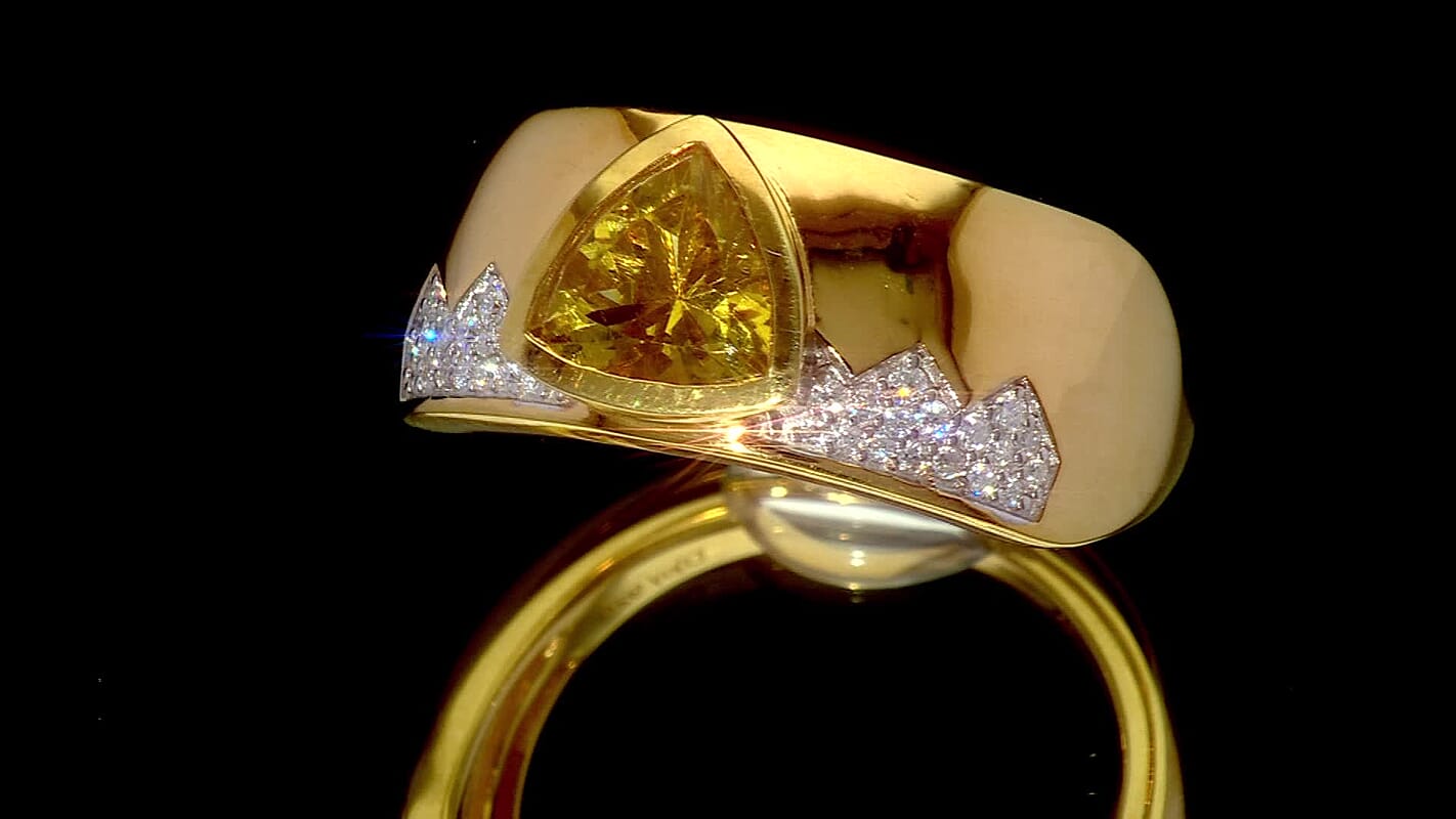 D'Joy Premium Golden Apatite, Moissanite Men's Ring in 18K Vermeil YG Over Sterling Silver (Size 10.0) 2.00 ctw