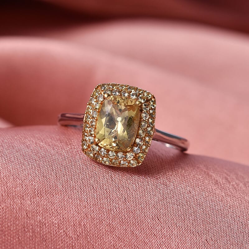 D'Joy Premium Golden Apatite and Yellow Sapphire 2.00 ctw Golden Glowfield Ring in 18K Vermeil YG and Rhodium Over Sterling Silver (Size 10.0)