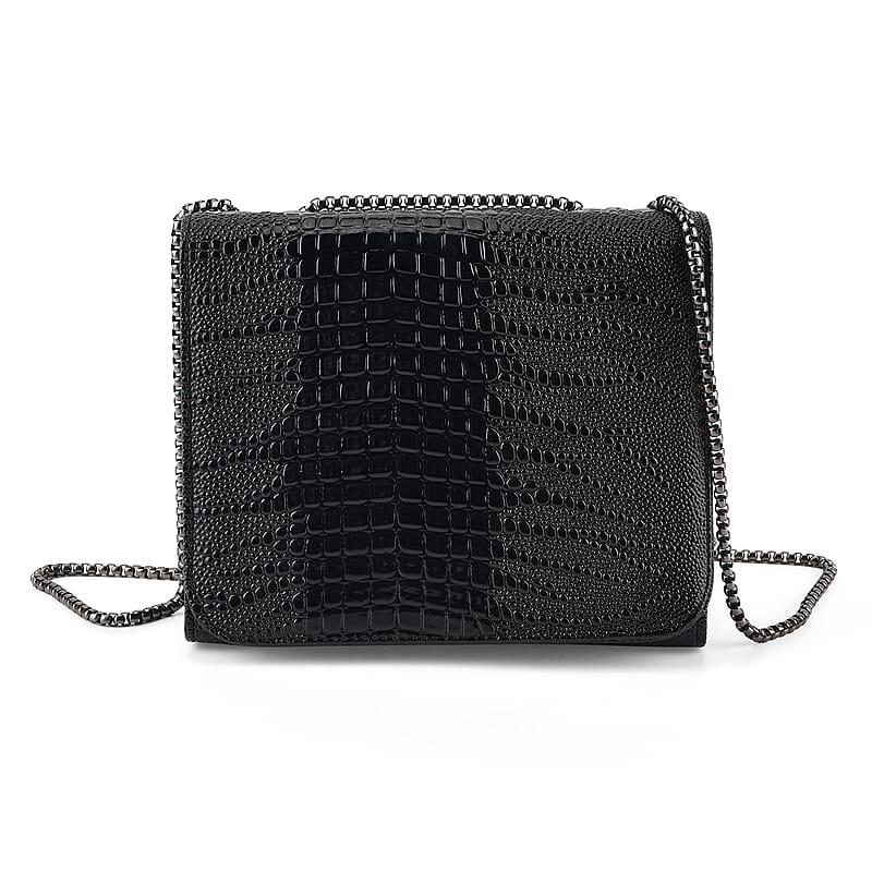 La Marey Black Crocodile Pattern Faux Leather Crossbody Bag