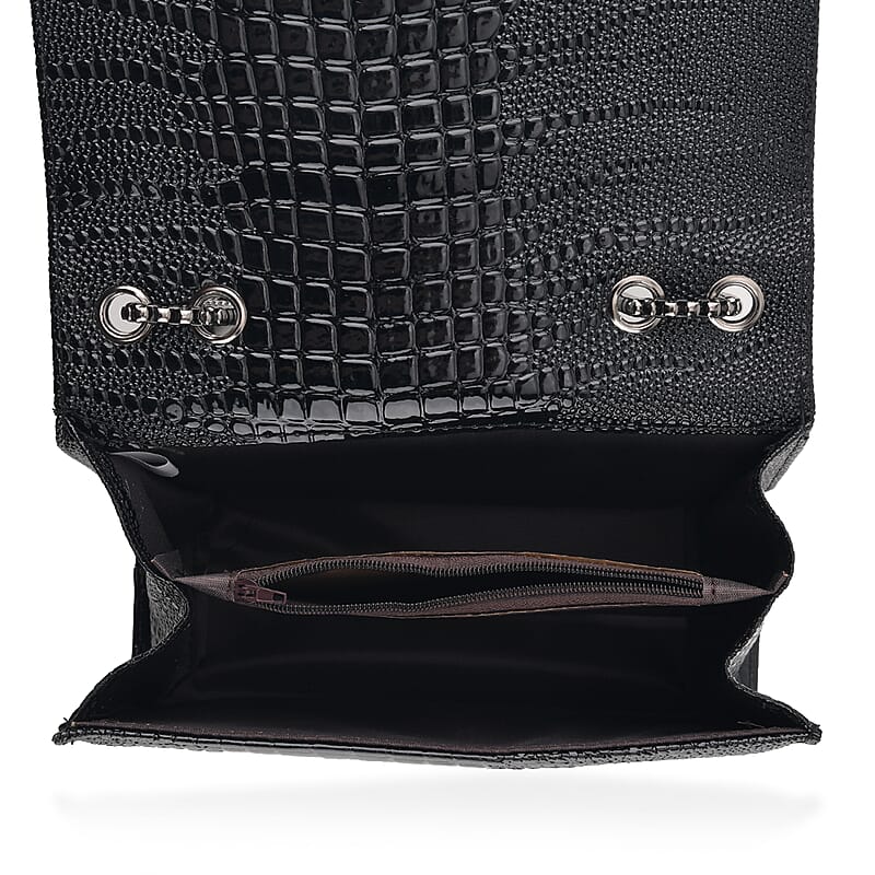 La Marey Black Crocodile Pattern Faux Leather Crossbody Bag