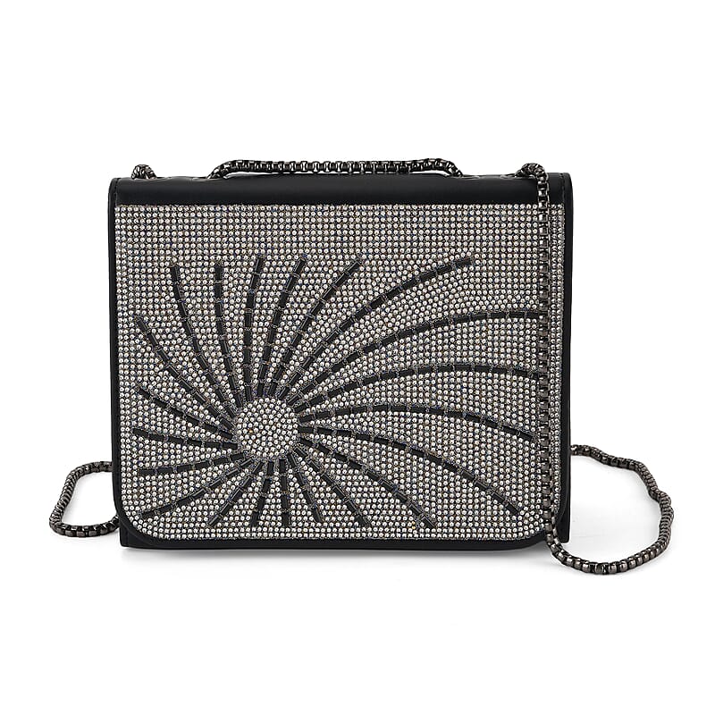 La Marey Black Rhinestone Sunflower Pattern Faux Leather Crossbody Bag