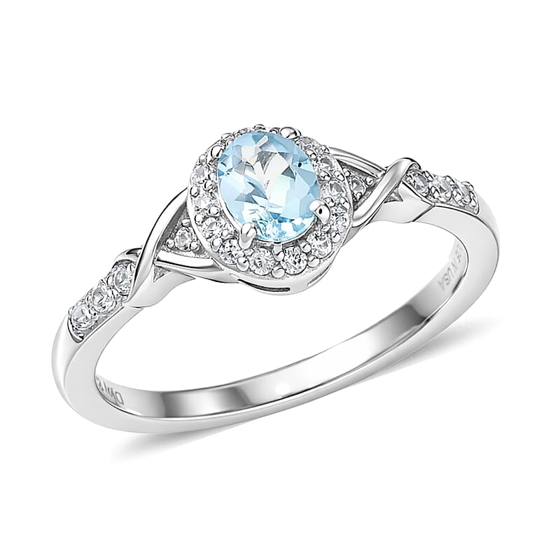 D'Joy Premium Mangoro Aquamarine and White Zircon 0.60 ctw Ring in Rhodium Over Sterling Silver (Size 5.0)