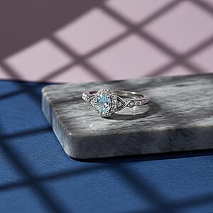 D'Joy Premium Mangoro Aquamarine and White Zircon 0.60 ctw Ring in Rhodium Over Sterling Silver (Size 7.0)