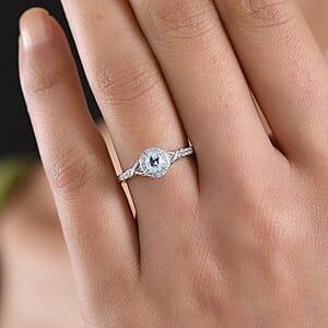 D'Joy Premium Mangoro Aquamarine and White Zircon 0.60 ctw Ring in Rhodium Over Sterling Silver (Size 9.0)