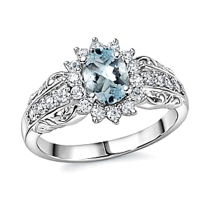 D'Joy Premium Mangoro Aquamarine and White Zircon 1.25 ctw Ring in Rhodium Over Sterling Silver (Size 5.0)