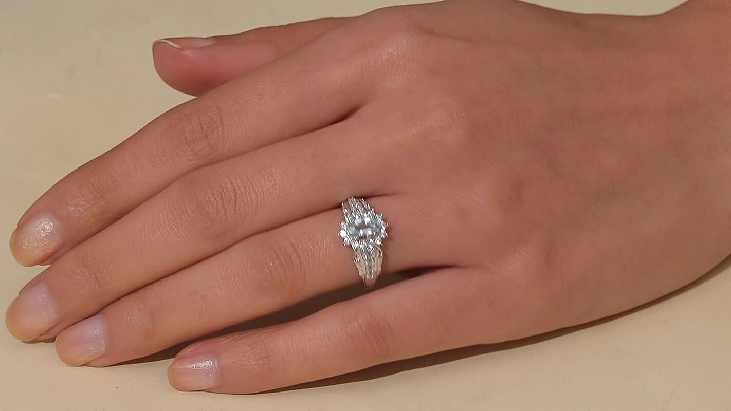 D'Joy Premium Mangoro Aquamarine and White Zircon 1.25 ctw Ring in Rhodium Over Sterling Silver