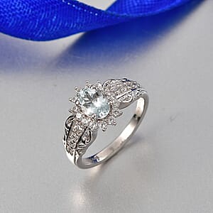 D'Joy Premium Mangoro Aquamarine and White Zircon 1.25 ctw Ring in Rhodium Over Sterling Silver (Size 5.0)