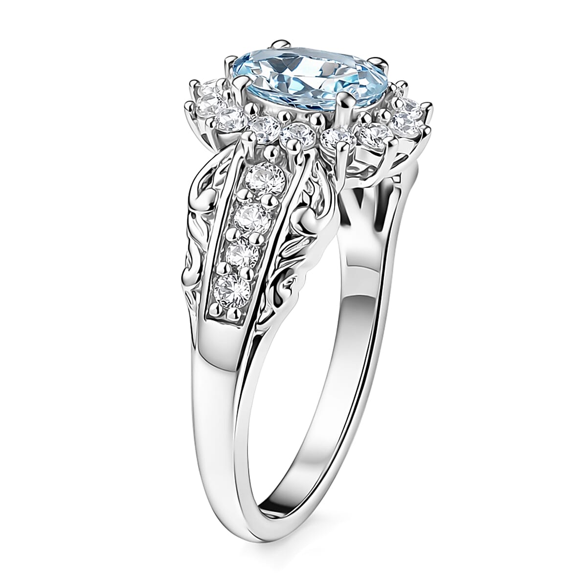 D'Joy Premium Mangoro Aquamarine and White Zircon 1.25 ctw Ring in Rhodium Over Sterling Silver image number 3