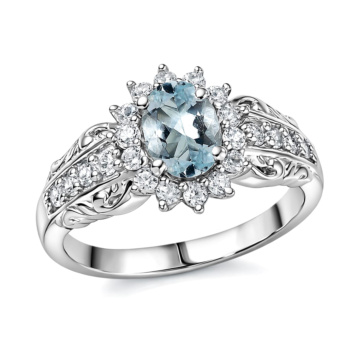 D'Joy Premium Mangoro Aquamarine and White Zircon 1.25 ctw Ring in Rhodium Over Sterling Silver (Size 8.0)
