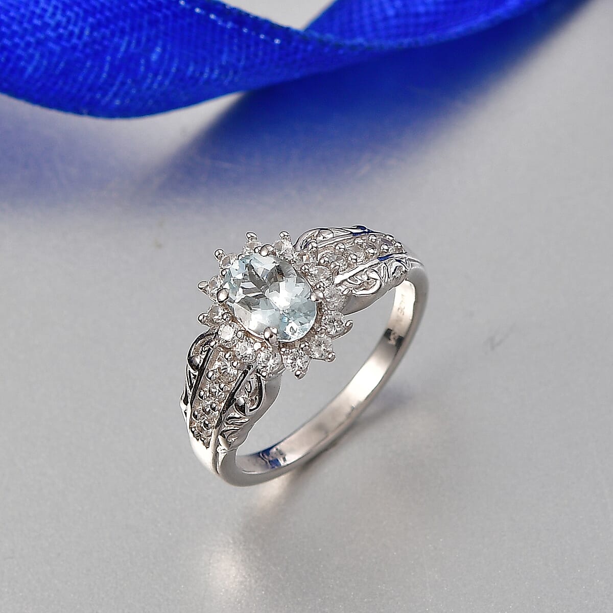 D'Joy Premium Mangoro Aquamarine and White Zircon 1.25 ctw Ring in Rhodium Over Sterling Silver (Size 9.0) image number 1
