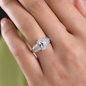 D'Joy Premium Mangoro Aquamarine and White Zircon 1.25 ctw Ring in Rhodium Over Sterling Silver (Size 9.0)