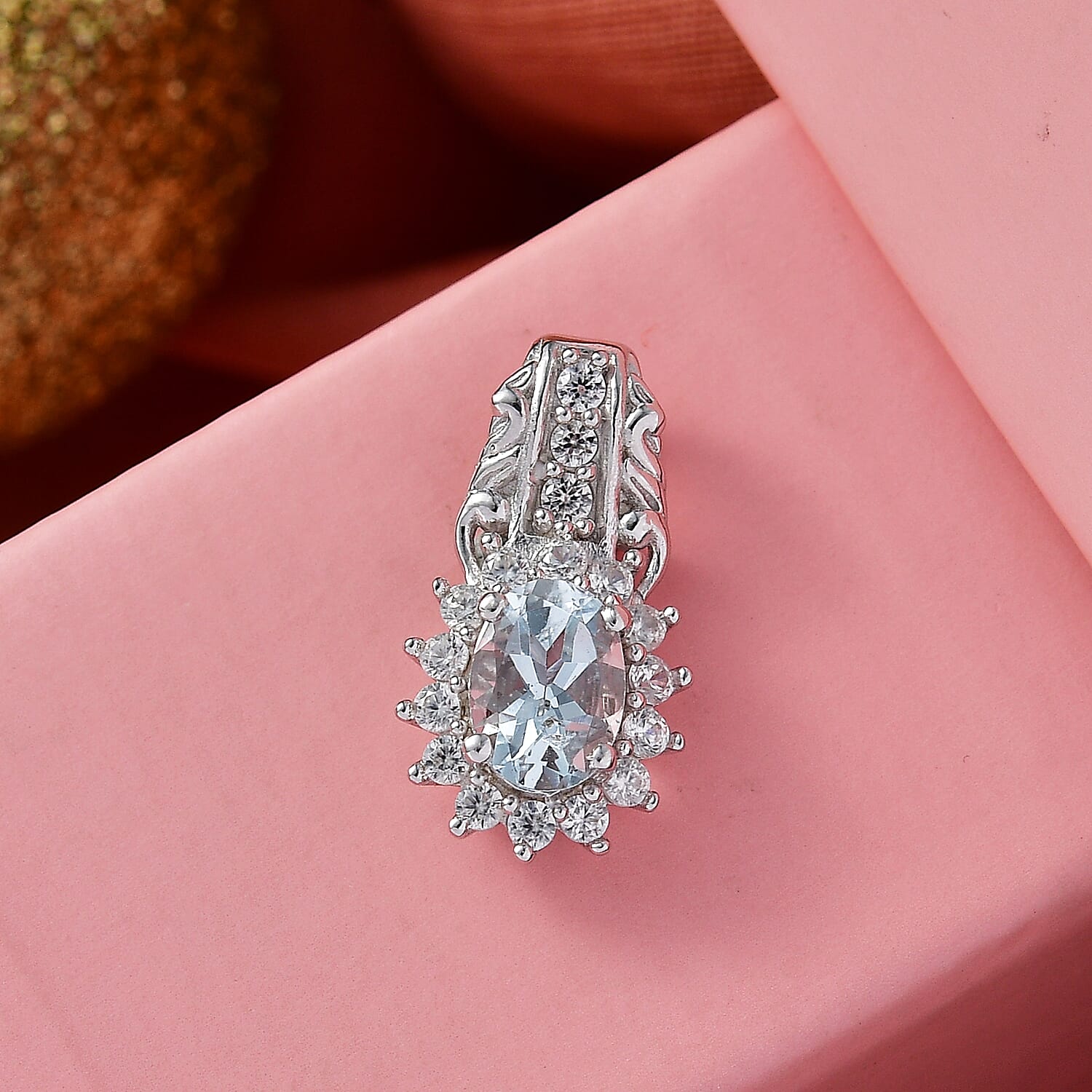 D'Joy Premium Mangaro Aquamarine and White Zircon 1.15 ctw Pendant Without Chain in Rhodium Over Sterling Silver