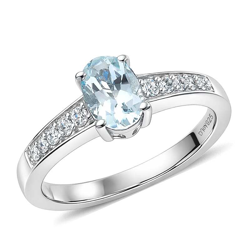 D'Joy Premium Mangoro Aquamarine and White Zircon 0.85 ctw Ring in Rhodium Over Sterling Silver (Size 5.0)