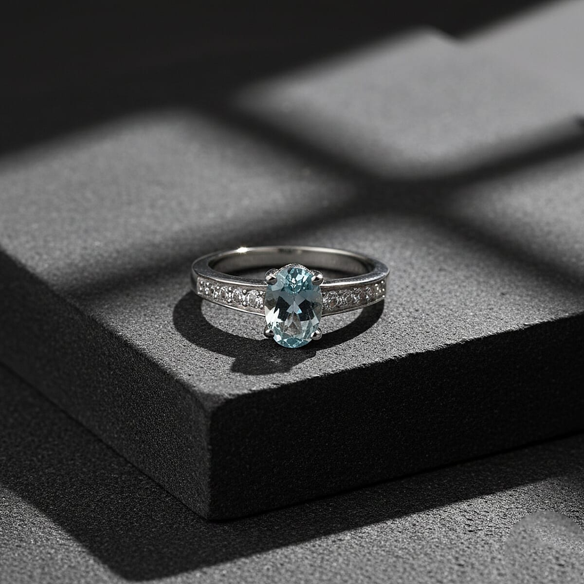 D'Joy Premium Mangoro Aquamarine and White Zircon 0.85 ctw Ring in Rhodium Over Sterling Silver image number 1