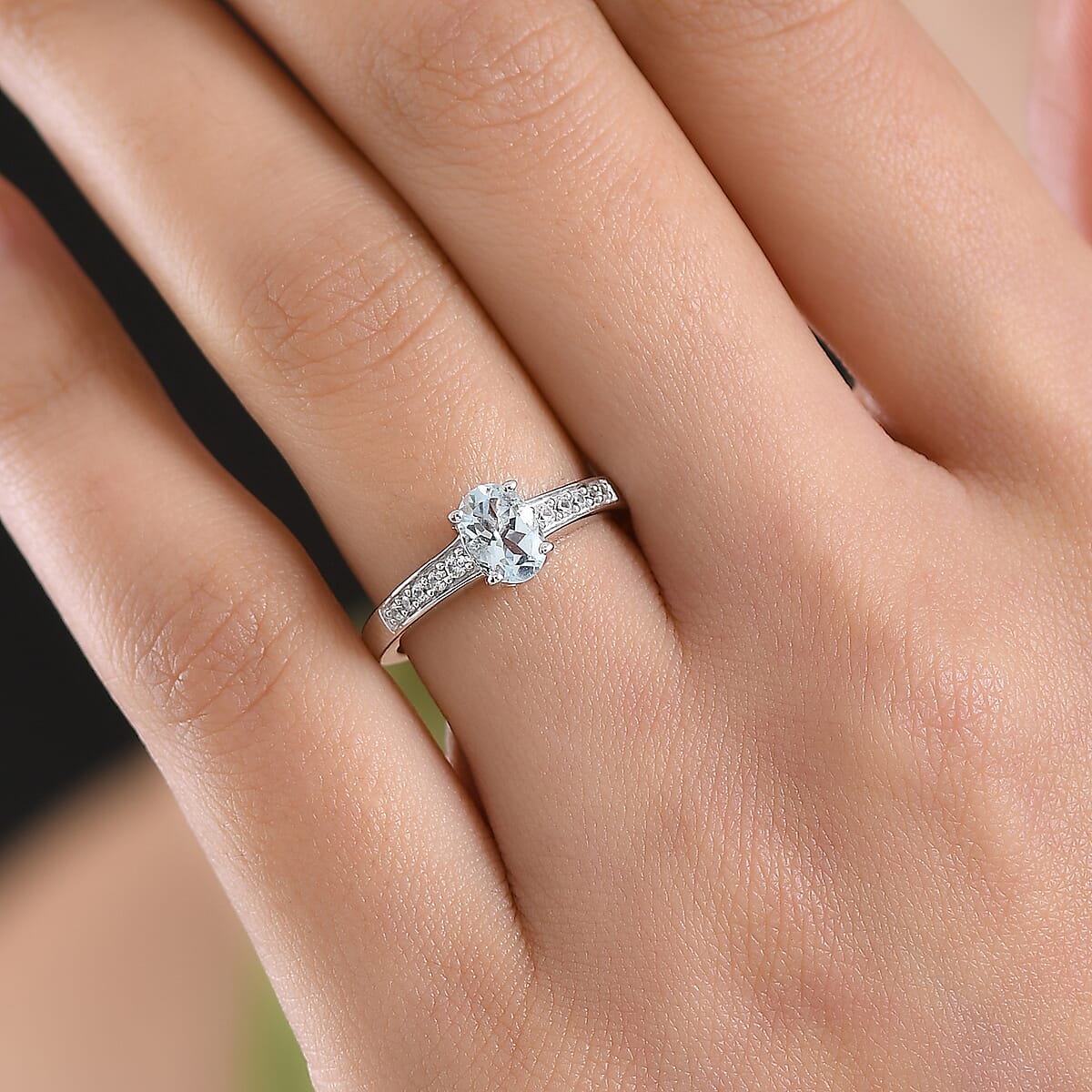 D'Joy Premium Mangoro Aquamarine and White Zircon 0.85 ctw Ring in Rhodium Over Sterling Silver image number 2