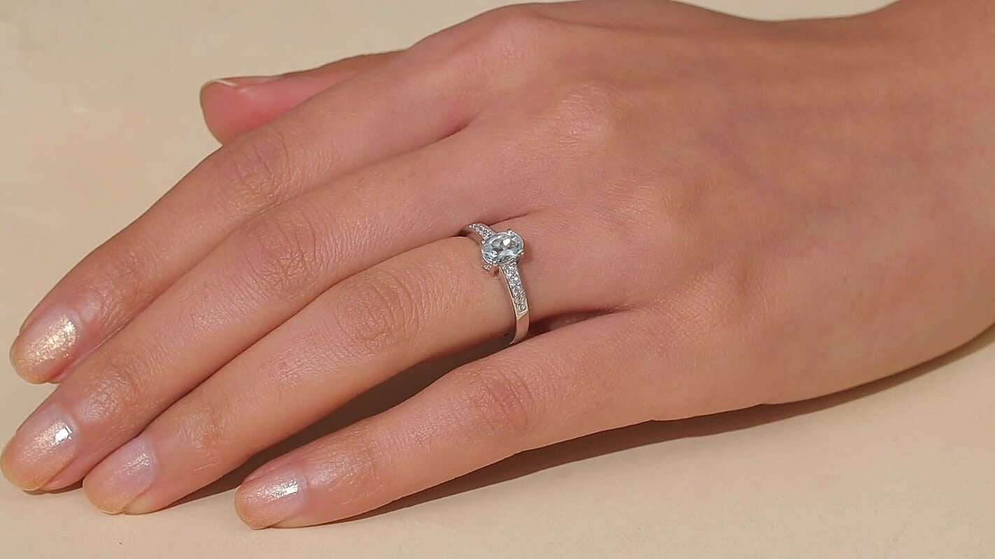 D'Joy Premium Mangoro Aquamarine and White Zircon 0.85 ctw Ring in Rhodium Over Sterling Silver