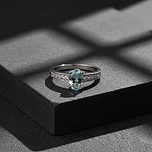 D'Joy Premium Mangoro Aquamarine and White Zircon 0.85 ctw Ring in Rhodium Over Sterling Silver
