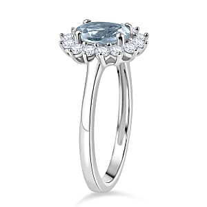 D'Joy Mangoro Aquamarine, White Zircon Ring in Rhodium Over Sterling Silver (Size 5.0) 1.15 ctw