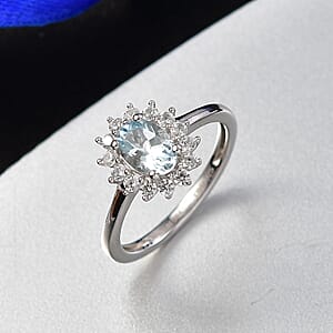 D'Joy Mangoro Aquamarine, White Zircon Ring in Rhodium Over Sterling Silver (Size 5.0) 1.15 ctw