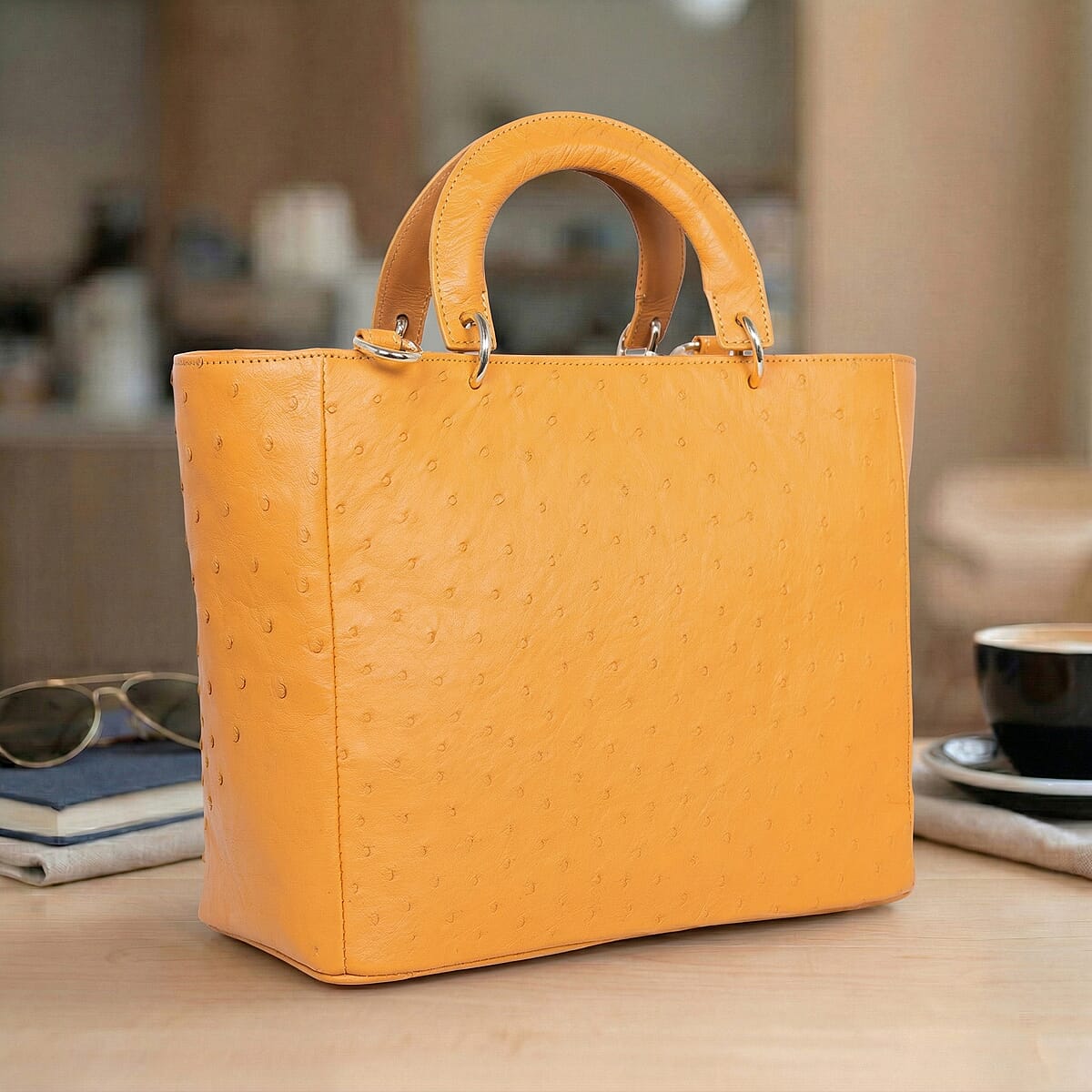 Grand Pelle Camel Genuine Ostrich Leather Tote Bag image number 1