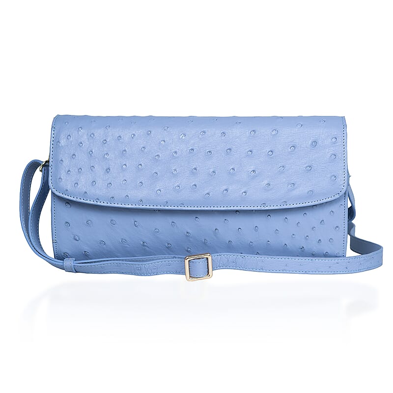 Grand Pelle Blue Genuine Ostrich Leather Crossbody Clutch Bag