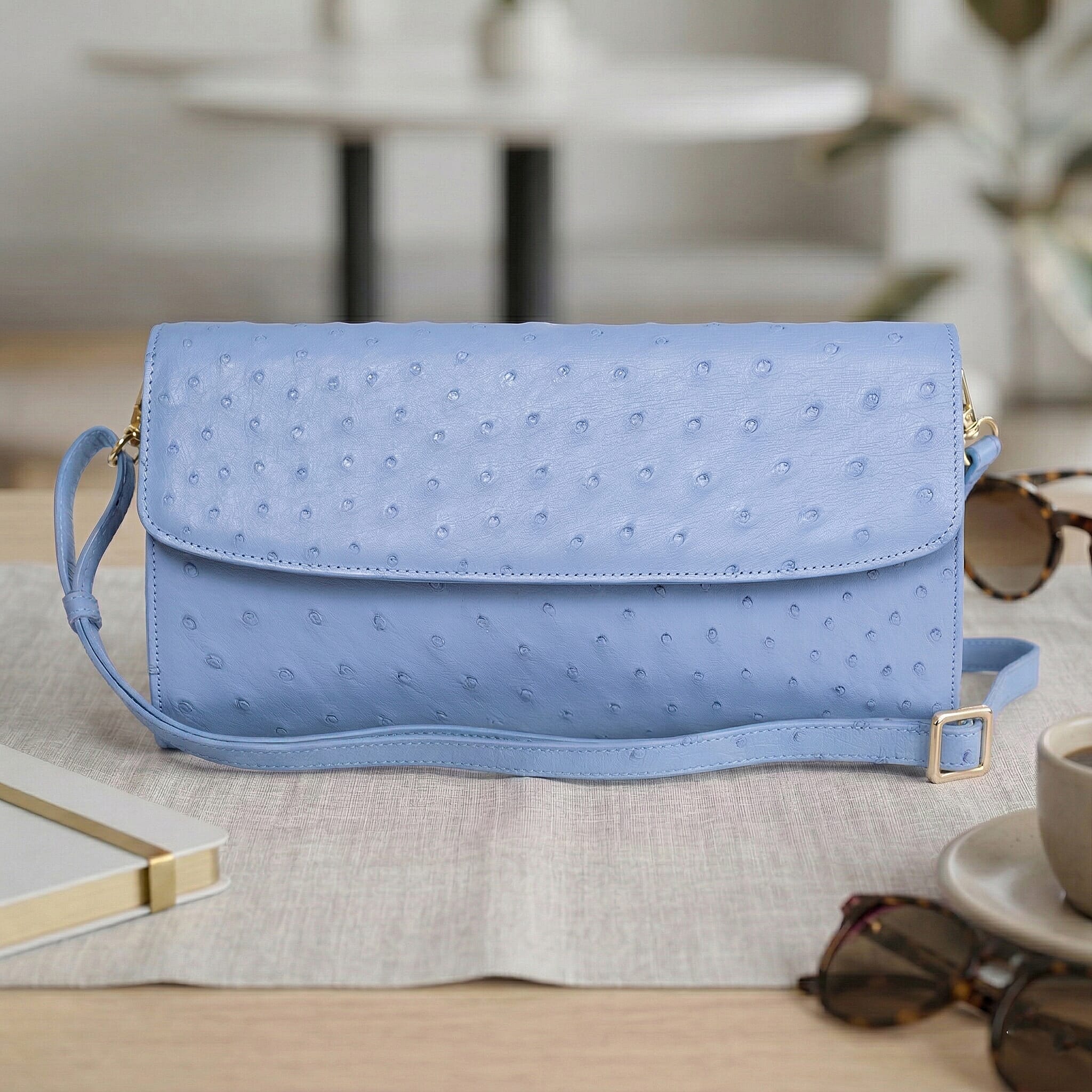 Grand Pelle Blue Genuine Ostrich Leather Crossbody Clutch Bag
