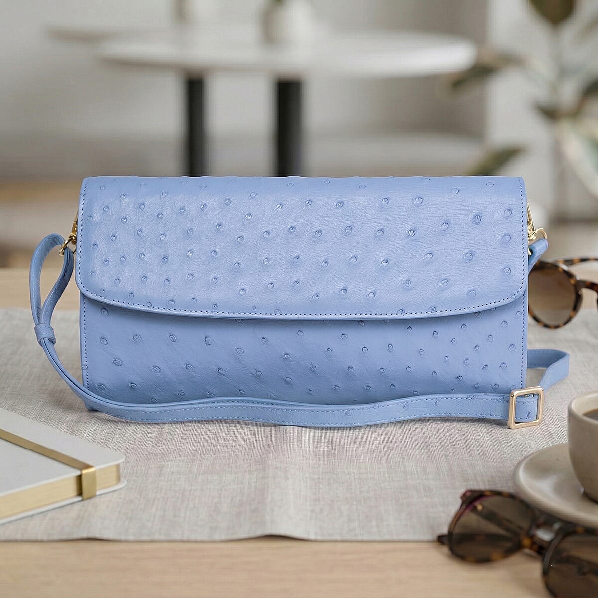 Grand Pelle Blue Genuine Ostrich Leather Crossbody Clutch Bag image number 1