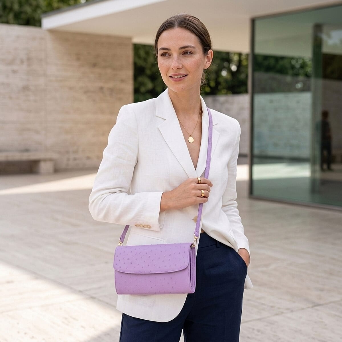 Grand Pelle Purple Genuine Ostrich Leather Crossbody Clutch Bag image number 2