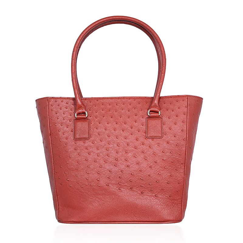 Grand Pelle Red Genuine Ostrich Leather Trapezoid Tote Bag